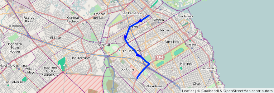Mapa del recorrido R2 Virreyes-Boulogne de la línea 371 en ブエノスアイレス州.
