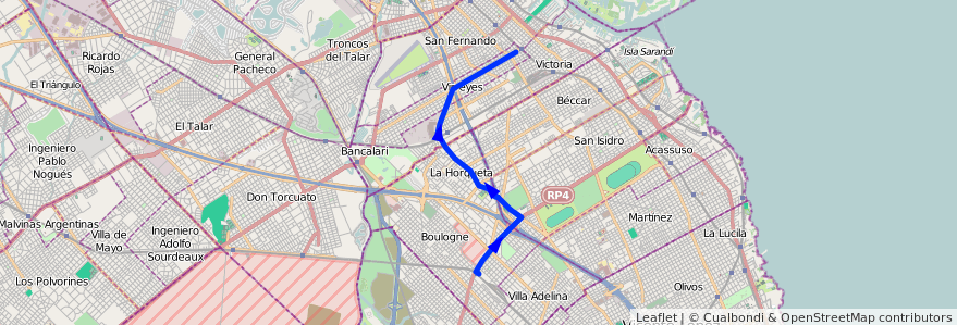 Mapa del recorrido R2 Virreyes-Boulogne de la línea 371 en بوينس آيرس.