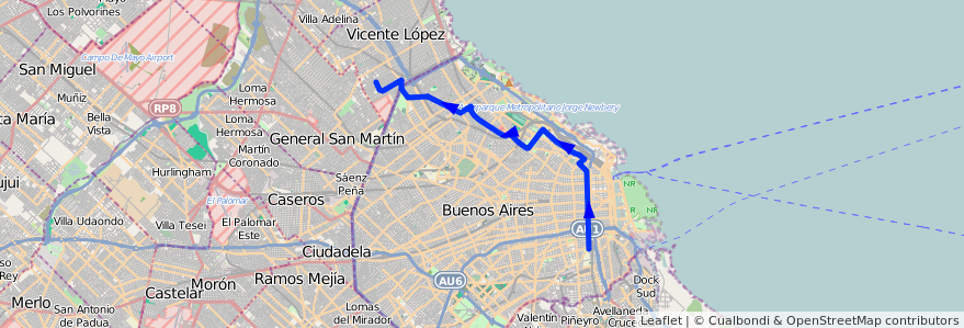 Mapa del recorrido R2 V.Martelli-Barracas de la línea 67 en Argentina.