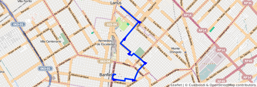 Mapa del recorrido R3 Lanus-Banfield de la línea 299 en Buenos Aires.