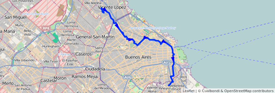 Mapa del recorrido R3 Munro-Avellaneda de la línea 93 en Argentina.