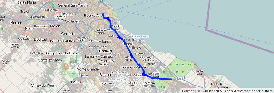 Mapa del recorrido R3 Once-La Plata de la línea 129 en 布宜诺斯艾利斯省.