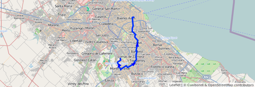 Mapa del recorrido R3 Once-Monte Grande de la línea 165 en Provincia di Buenos Aires.