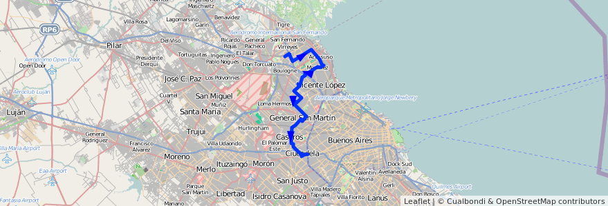 Mapa del recorrido R304 Liniers-S.Isidro de la línea 343 en Buenos Aires.