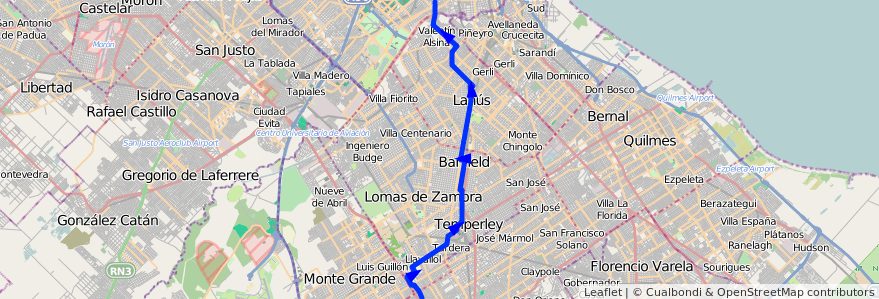 Mapa del recorrido R8 Pompeya-Loma Verde de la línea 165 en Buenos Aires.