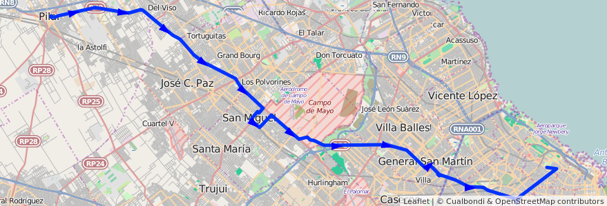 Mapa del recorrido Ramal 1 Pilar x Ruta 8 de la línea 57 en Argentine.