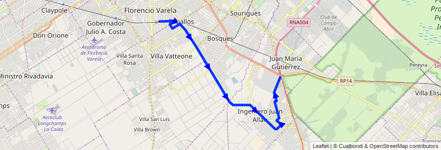 Mapa del recorrido Ramal 2 - Florencio Varela - Rotonda de Alpargatas de la línea 324 en Partido de Florencio Varela.