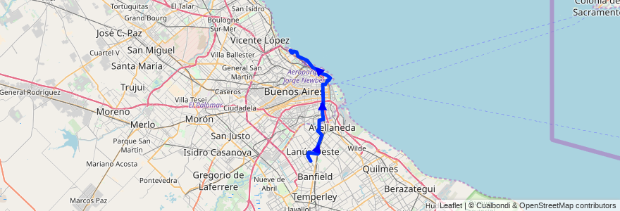 Mapa del recorrido Recorrido A - Ciudad universitaria de la línea 45 en Argentina.