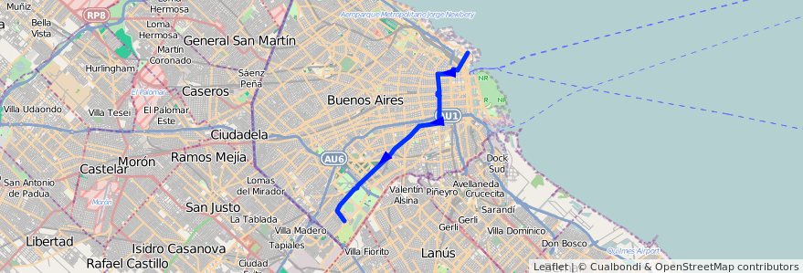 Mapa del recorrido Retiro-B. Savio de la línea 150 en Ciudad Autónoma de Buenos Aires.