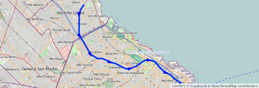 Mapa del recorrido Retiro-Bartolome Mitre de la línea Ferrocarril General Bartolome Mitre en Ciudad Autónoma de Buenos Aires.