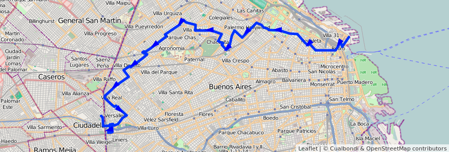 Mapa del recorrido Retiro-Ciudadela de la línea 108 en Ciudad Autónoma de Buenos Aires.