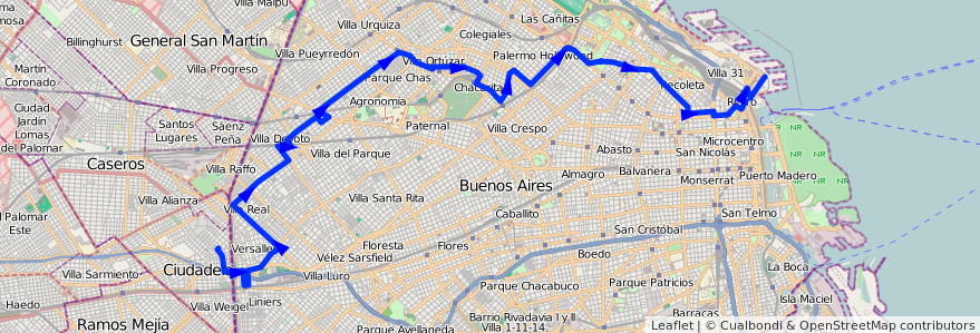 Mapa del recorrido Retiro-Ciudadela de la línea 108 en 布宜诺斯艾利斯自治市.