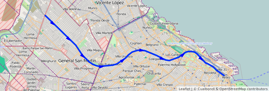 Mapa del recorrido Retiro-Jose Leon Suarez de la línea Ferrocarril General Bartolome Mitre en Argentina.