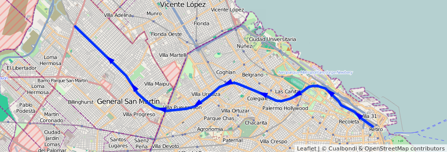 Mapa del recorrido Retiro-Jose Leon Suarez de la línea Ferrocarril General Bartolome Mitre en الأرجنتين.