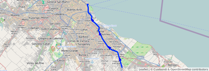 Mapa del recorrido Retiro-Las Pipinas de la línea 129 en 부에노스아이레스주.