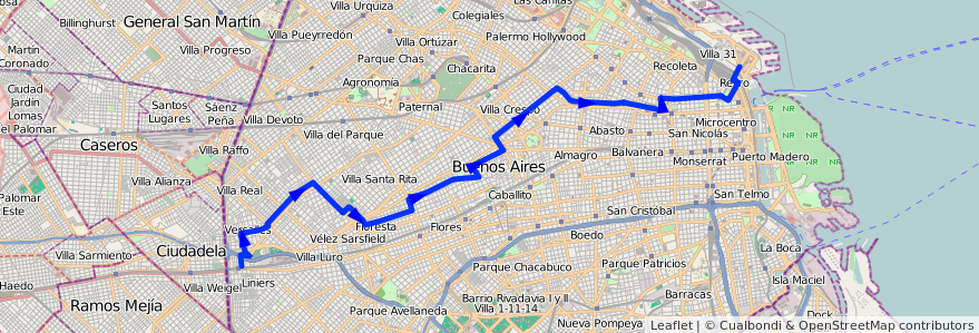 Mapa del recorrido Retiro-Liniers de la línea 106 en 布宜诺斯艾利斯自治市.