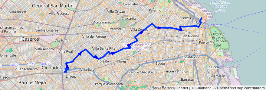 Mapa del recorrido Retiro-Liniers de la línea 106 en Ciudad Autónoma de Buenos Aires.