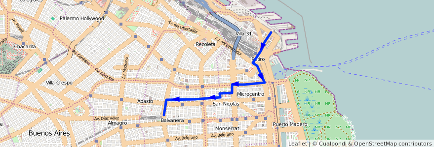 Mapa del recorrido Retiro-Once de la línea 115 en Ciudad Autónoma de Buenos Aires.