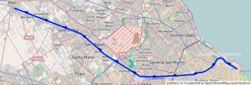 Mapa del recorrido Retiro-Pilar de la línea Ferrocarril General San Martin en 阿根廷.