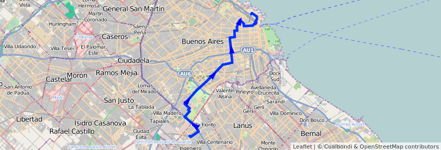 Mapa del recorrido Retiro-Pte. La Noria de la línea 101 en Ciudad Autónoma de Buenos Aires.