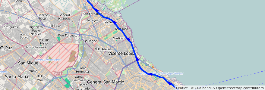 Mapa del recorrido Retiro-Tigre de la línea Ferrocarril General Bartolome Mitre en Argentine.