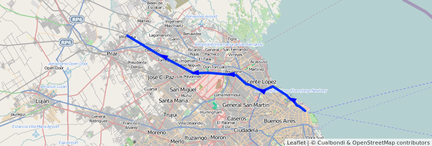 Mapa del recorrido Retiro-Villa Rosa de la línea Ferrocarril General Belgrano en Argentina.