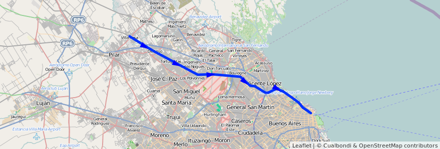 Mapa del recorrido Retiro-Villa Rosa de la línea Ferrocarril General Belgrano en 阿根廷.