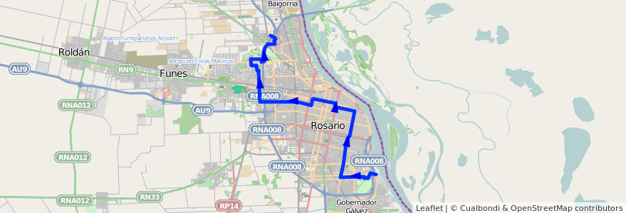 Mapa del recorrido  Roja (5 a 23hs) de la línea 142 en Rosario.