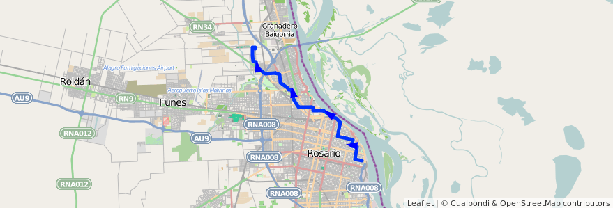 Mapa del recorrido  Roja de la línea 102 en Rosario.