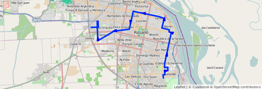 Mapa del recorrido  Roja de la línea 122 en Rosario.