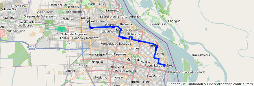 Mapa del recorrido  Roja de la línea 101 en 罗萨里奥.