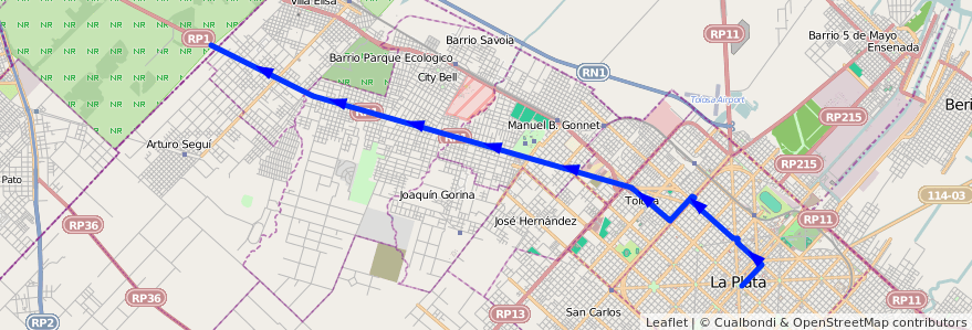 Mapa del recorrido Rondin 4 de la línea 273 en Partido de La Plata.