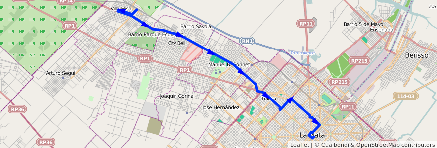 Mapa del recorrido Rondin 6 de la línea 273 en Partido de La Plata.