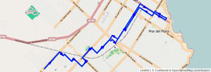 Mapa del recorrido Rondin de la línea 525 en Mar del Plata.