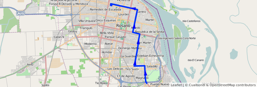 Mapa del recorrido  Ruta 21 de la línea TIRSA en Rosario.