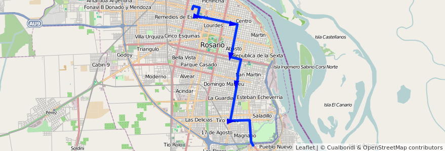 Mapa del recorrido  Ruta 21 de la línea TIRSA en Rosário.