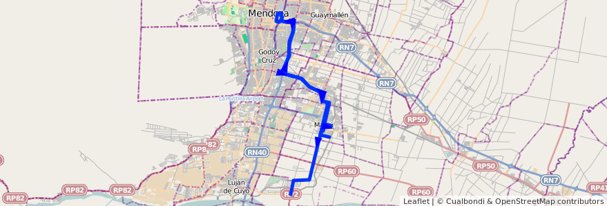 Mapa del recorrido SD - Servicio Diferencial: Maipú - Mendoza - Recoaro de la línea G10 en Mendoza.