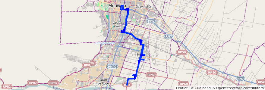 Mapa del recorrido SD - Servicio Diferencial: Maipú - Mendoza - Recoaro - entrada al Cementerio Oasis de Paz  de la línea G10 en Mendoza.