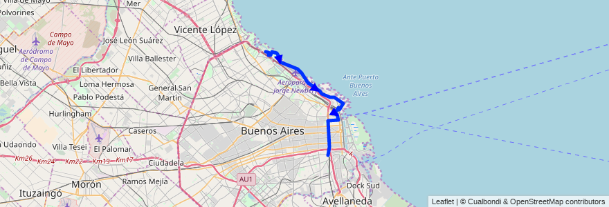 Mapa del recorrido Semirápido a Ciudad Universitaria de la línea 45 en Arjantin.