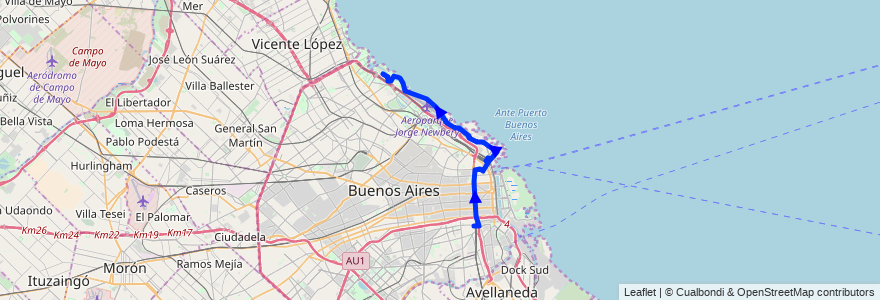 Mapa del recorrido Semirápido a Ciudad Universitaria  de la línea 45 en Argentina.