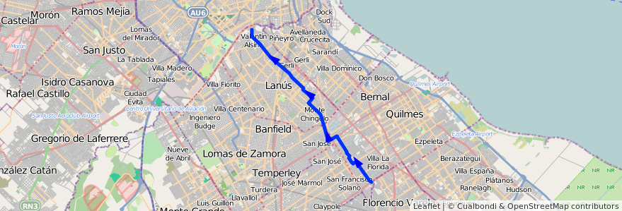 Mapa del recorrido S.Fco Solano-Pte.Urib de la línea 354 en Buenos Aires.