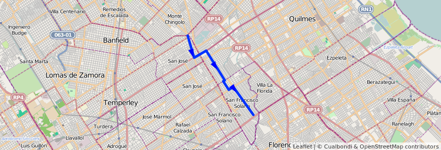Mapa del recorrido S.Fco Solano-Pte.Urib de la línea 354 en Buenos Aires.