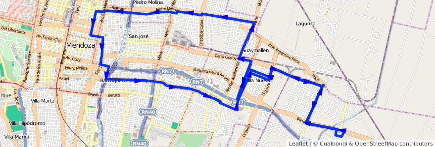 Mapa del recorrido T - Bº Unimev - Centro - Pedro Molina de la línea G11 en Departamento Guaymallén.