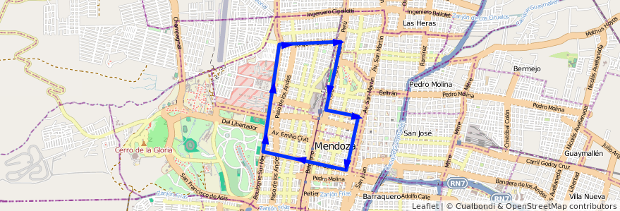 Mapa del recorrido T1 - Parque de la línea G12 en Ciudad de Mendoza.