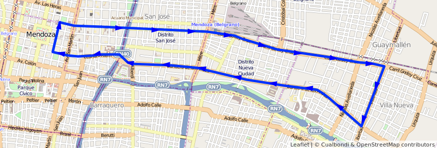 Mapa del recorrido T2 - Villa Nueva de la línea G12 en メンドーサ州.