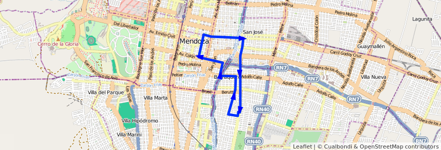 Mapa del recorrido T3 - Dorrego de la línea G12 en Mendoza.