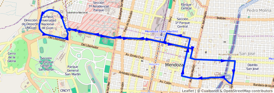 Mapa del recorrido T6 - U.N.C. de la línea G12 en Ciudad de Mendoza.