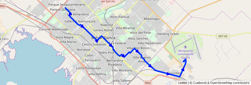 Mapa del recorrido troncal de la línea 517 en Partido de Bahía Blanca.