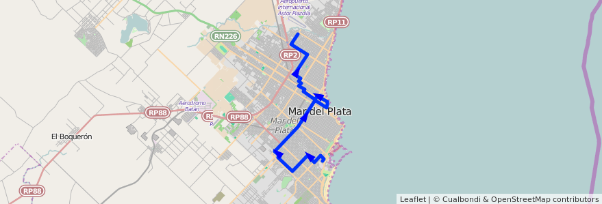 Mapa del recorrido Troncal de la línea 552 en Mar del Plata.