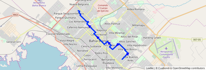 Mapa del recorrido troncal de la línea 516 en Bahía Blanca.